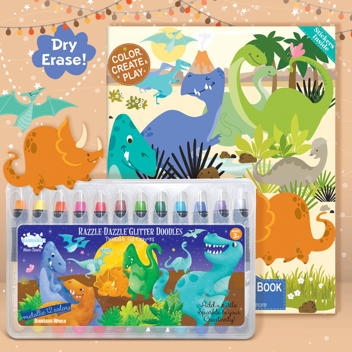 Dinosaur Glitter Dry Erase Coloring Gift Set